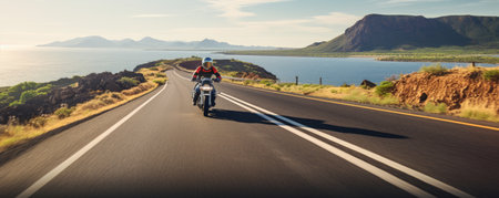 Motorcyclist speeding down the roadの素材
