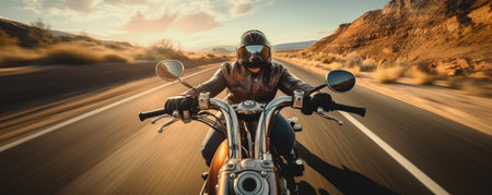 Motorcyclist speeding down the roadの素材