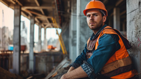 Portrait of a construction worker dressed in work uniform and wearing a hard hat. He is posing at his work site, a building under constructionの素材