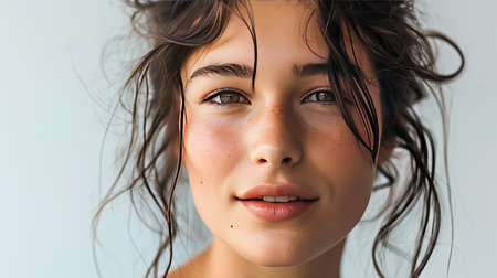 Portrait of young happy woman looks in camera on white backgroundの素材