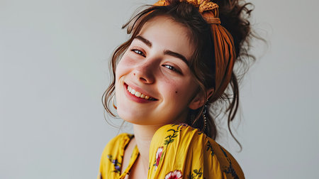 Portrait of young happy woman looks in camera on white backgroundの素材