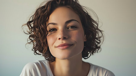 Portrait of young happy woman looks in camera on white backgroundの素材