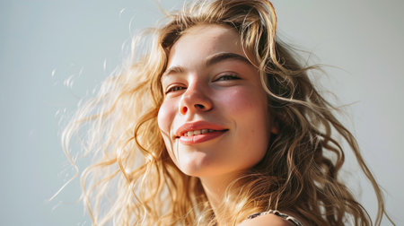 Portrait of young happy woman looks in camera on white backgroundの素材