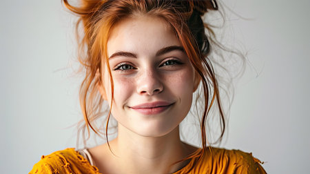 Portrait of young happy woman looks in camera on white backgroundの素材