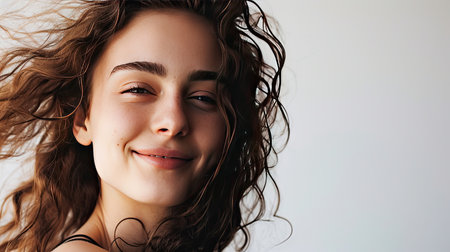 Portrait of young happy woman looks in camera on white backgroundの素材