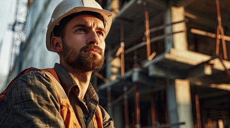 Portrait of a construction worker dressed in work uniform and wearing a hard hat. He is posing at his work site, a building under constructionの素材