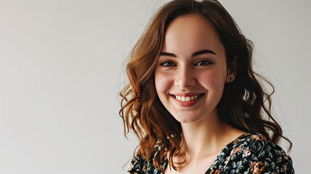 Portrait of young happy woman looks in camera on white backgroundの素材