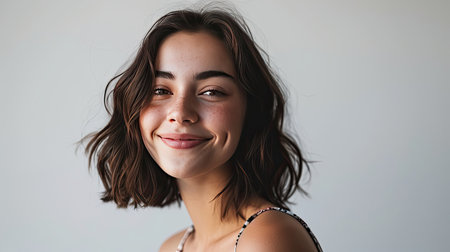Portrait of young happy woman looks in camera on white backgroundの素材