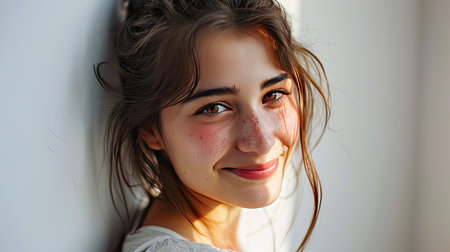 Portrait of young happy woman looks in camera on white backgroundの素材