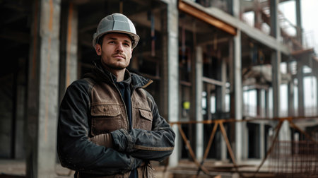 Portrait of a construction worker dressed in work uniform and wearing a hard hat. He is posing at his work site, a building under constructionの素材