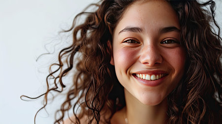 Portrait of young happy woman looks in camera on white backgroundの素材