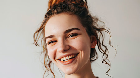 Portrait of young happy woman looks in camera on white backgroundの素材