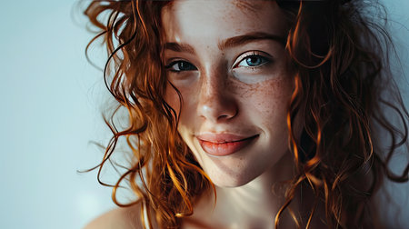Portrait of young happy woman looks in camera on white backgroundの素材