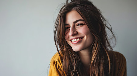 Portrait of young happy woman looks in camera on white backgroundの素材