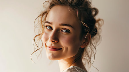 Portrait of young happy woman looks in camera on white backgroundの素材