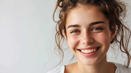 Portrait of young happy woman looks in camera on white backgroundの素材