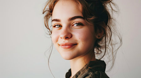 Portrait of young happy woman looks in camera on white backgroundの素材