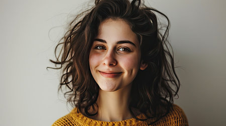 Portrait of young happy woman looks in camera on white backgroundの素材