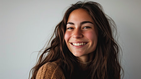 Portrait of young happy woman looks in camera on white backgroundの素材