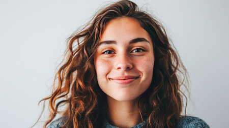 Portrait of young happy woman looks in camera on white backgroundの素材