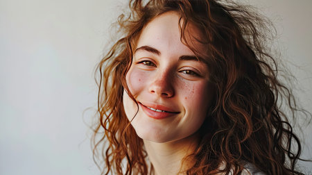 Portrait of young happy woman looks in camera on white backgroundの素材