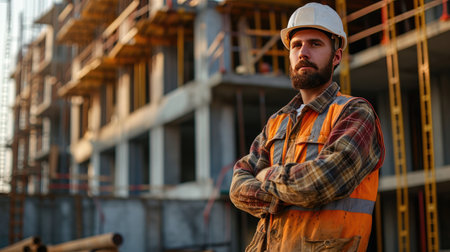 Portrait of a construction worker dressed in work uniform and wearing a hard hat. He is posing at his work site, a building under constructionの素材