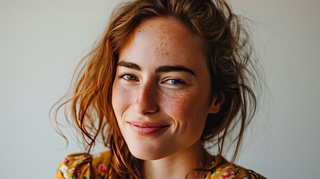 Portrait of young happy woman looks in camera on white backgroundの素材