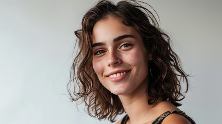 Portrait of young happy woman looks in camera on white backgroundの素材