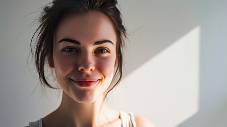 Portrait of young happy woman looks in camera on white backgroundの素材