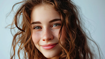 Portrait of young happy woman looks in camera on white backgroundの素材