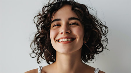 Portrait of young happy woman looks in camera on white backgroundの素材