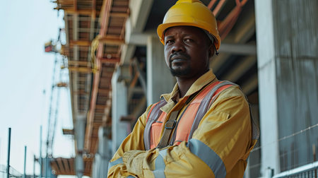 Portrait of a black construction worker dressed in work uniform and wearing a hard hat. He is posing at his work site, a building under constructionの素材