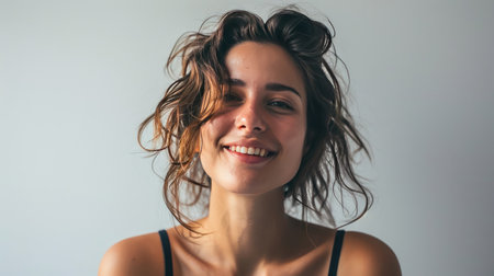 Portrait of young happy woman looks in camera on white backgroundの素材