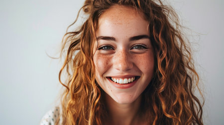 Portrait of young happy woman looks in camera on white backgroundの素材