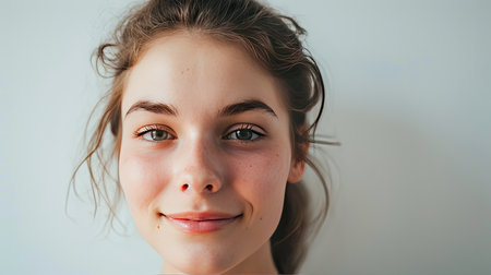 Portrait of young happy woman looks in camera on white backgroundの素材