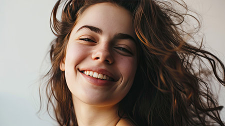 Portrait of young happy woman looks in camera on white backgroundの素材