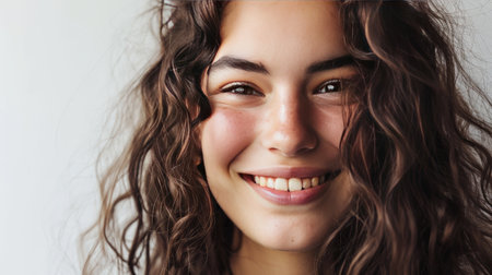 Portrait of young happy woman looks in camera on white backgroundの素材
