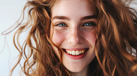 Portrait of young happy woman looks in camera on white backgroundの素材