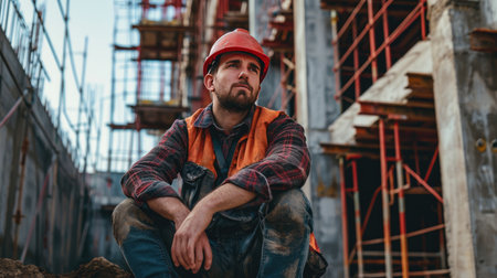 Portrait of a construction worker dressed in work uniform and wearing a hard hat. He is posing at his work site, a building under constructionの素材