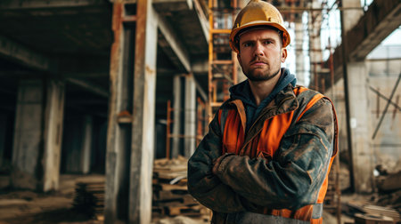 Portrait of a construction worker dressed in work uniform and wearing a hard hat. He is posing at his work site, a building under constructionの素材