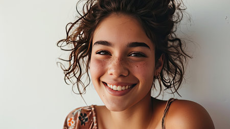 Portrait of young happy woman looks in camera on white backgroundの素材