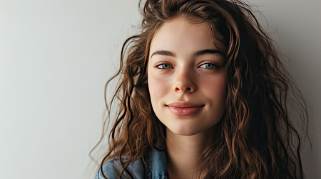 Portrait of young happy woman looks in camera on white backgroundの素材