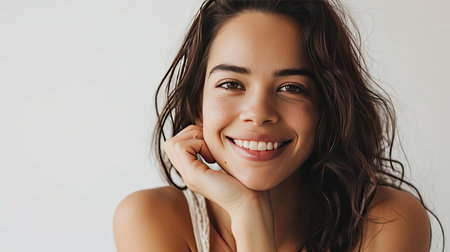 Portrait of young happy woman looks in camera on white backgroundの素材