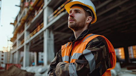 Portrait of a construction worker dressed in work uniform and wearing a hard hat. He is posing at his work site, a building under constructionの素材