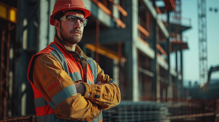 Portrait of a construction worker dressed in work uniform and wearing a hard hat. He is posing at his work site, a building under constructionの素材