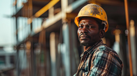 Portrait of a black construction worker dressed in work uniform and wearing a hard hat. He is posing at his work site, a building under constructionの素材