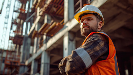 Portrait of a construction worker dressed in work uniform and wearing a hard hat. He is posing at his work site, a building under constructionの素材