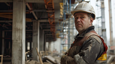 Portrait of a construction worker dressed in work uniform and wearing a hard hat. He is posing at his work site, a building under constructionの素材