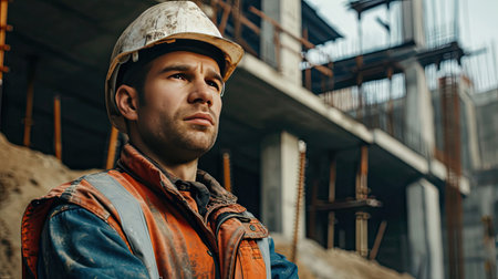 Portrait of a construction worker dressed in work uniform and wearing a hard hat. He is posing at his work site, a building under constructionの素材