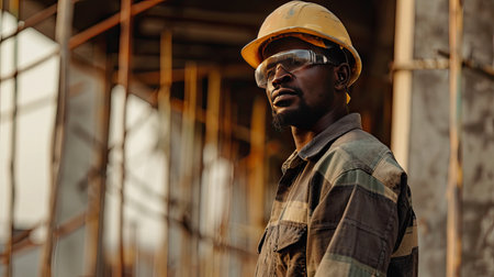 Portrait of a black construction worker dressed in work uniform and wearing a hard hat. He is posing at his work site, a building under constructionの素材